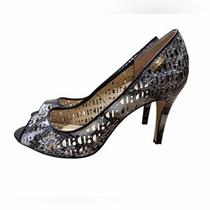 Calvin Klein Black and Gold Peep-Toe Heels